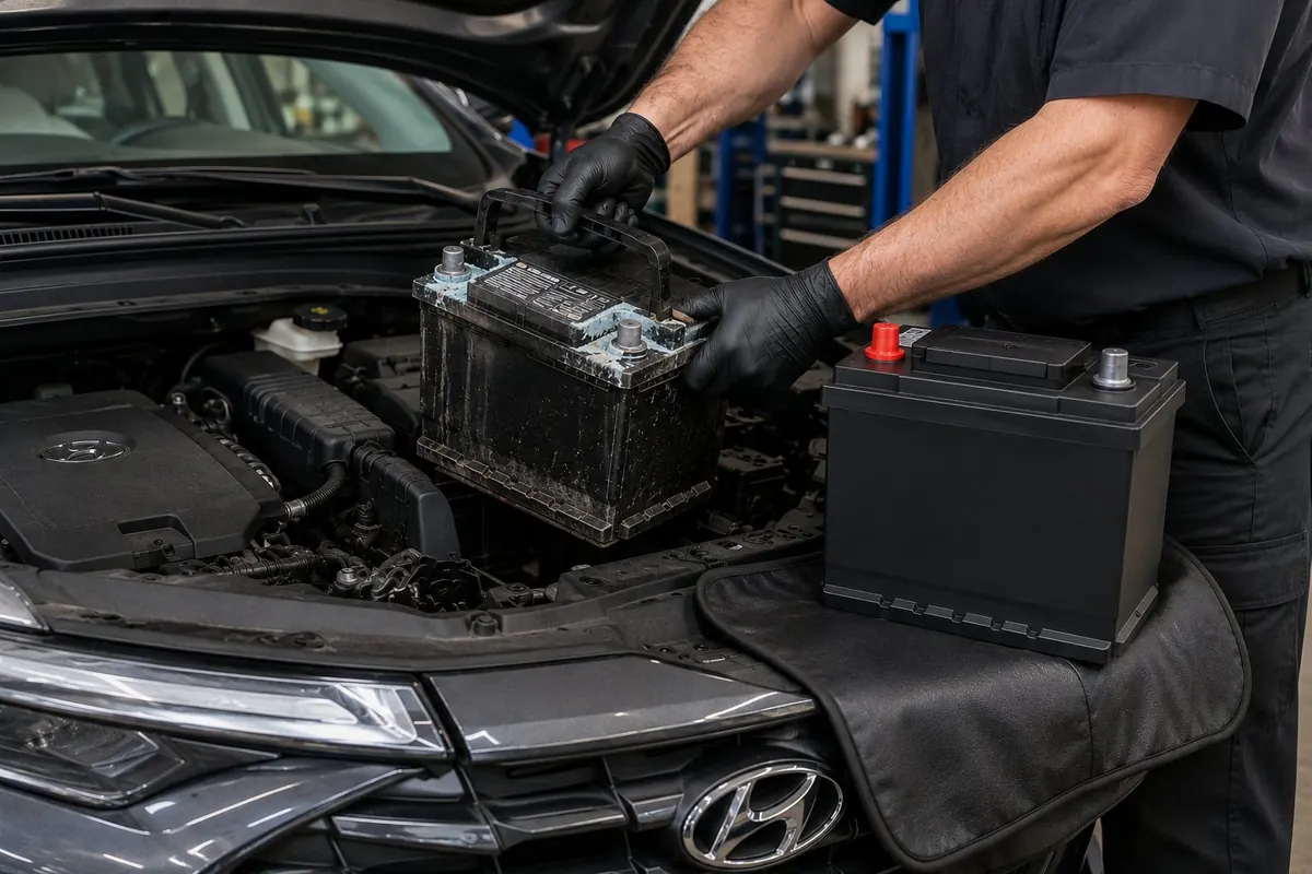 Mechanic replacing a corroded car battery in a vehicle