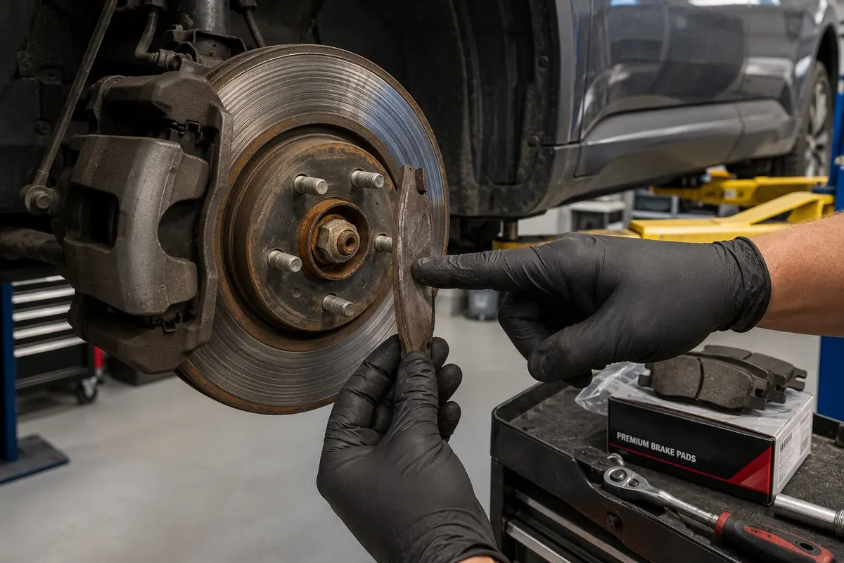Worn brake pad next to a new set of brake pads in a garage