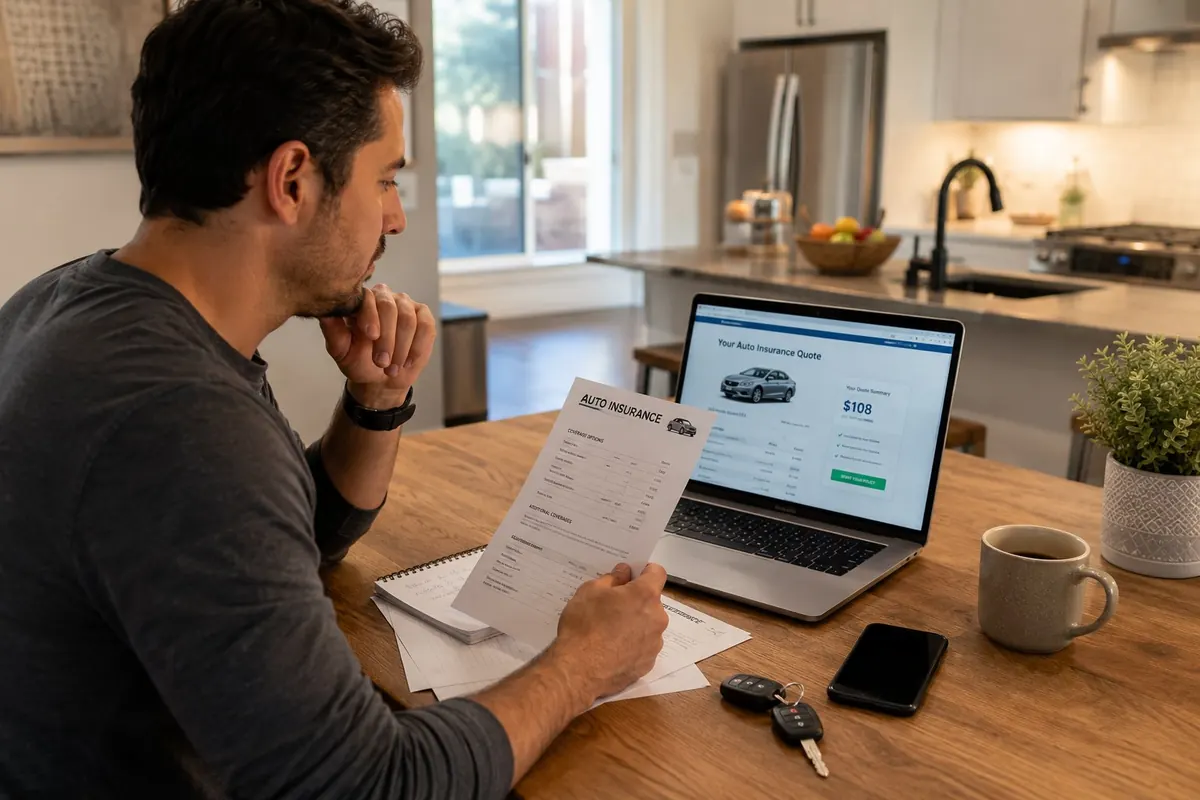 A driver reviewing auto insurance documents and quotes at a kitchen table