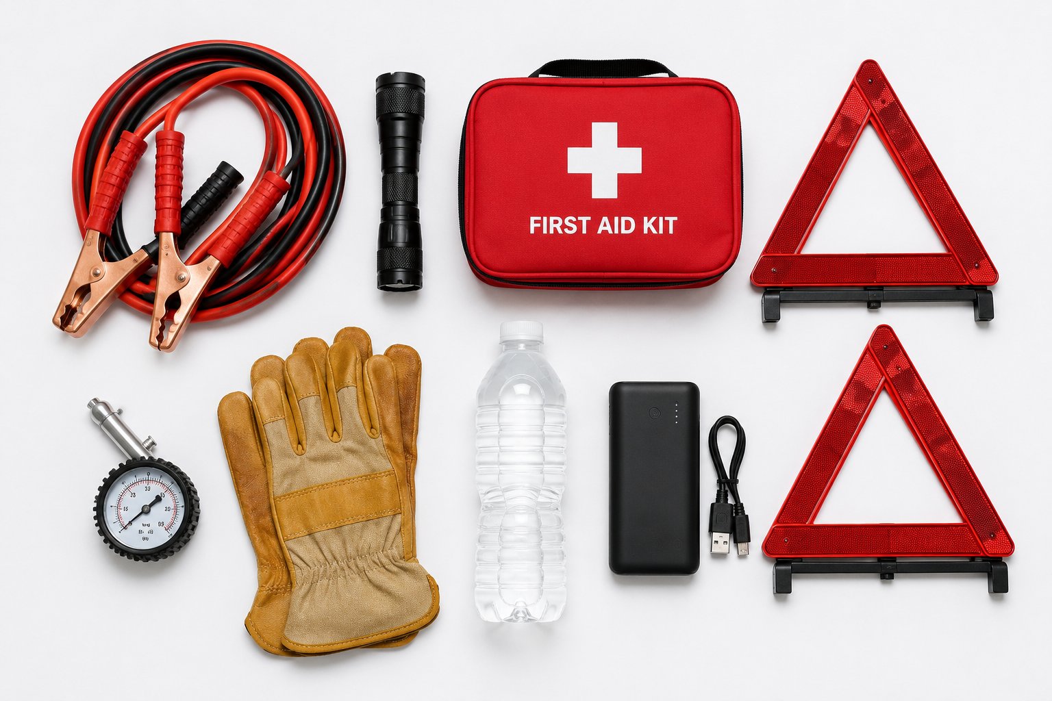Roadside emergency kit essentials laid out