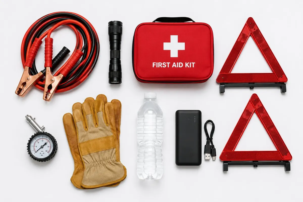 A complete roadside emergency kit laid out flat