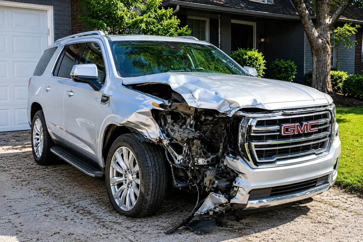 Silver wrecked GMC Yukon ready for cash-for-cars pickup in Birmingham