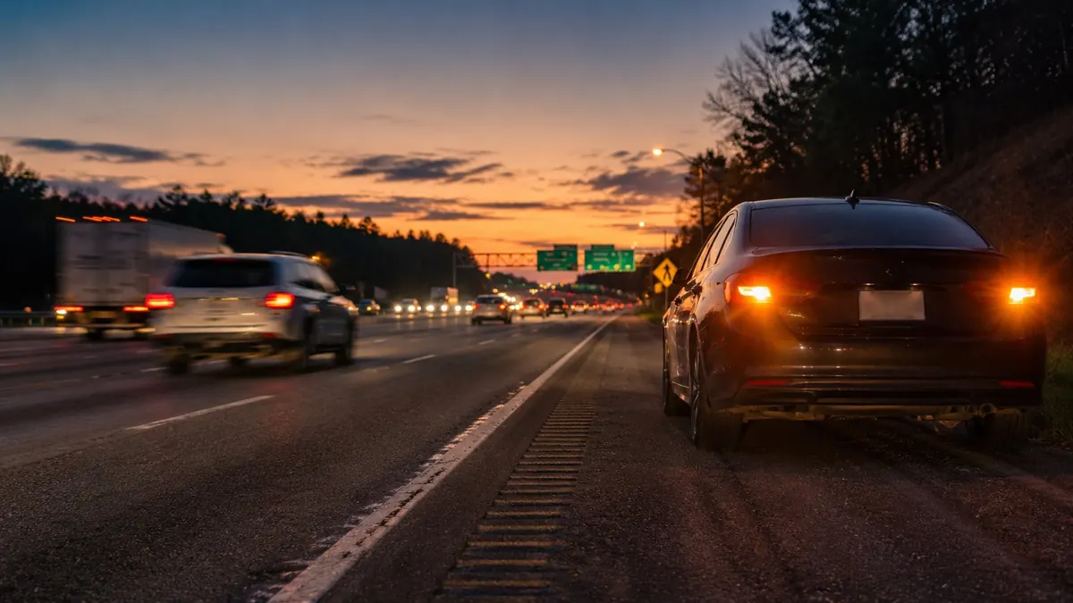 Car broken down on highway shoulder at dusk with hazard lights on, traffic passing on Birmingham interstate