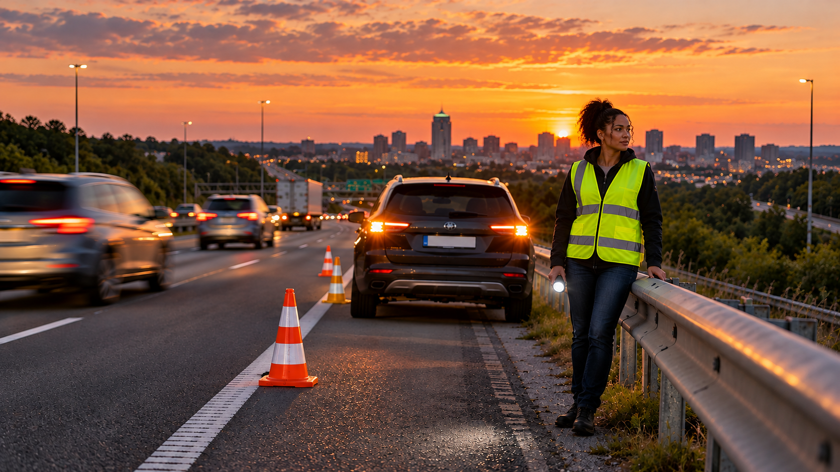 Car broken down on a Birmingham, Alabama road with hazard lights flashing at night
