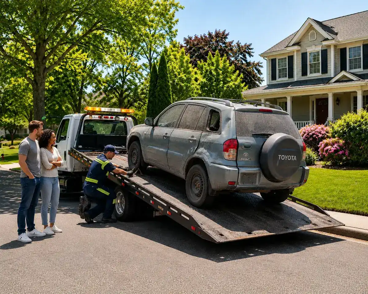 Honeycutt Towing technician loading a Toyota RAV4 onto a flatbed for cash pickup with the customer watching