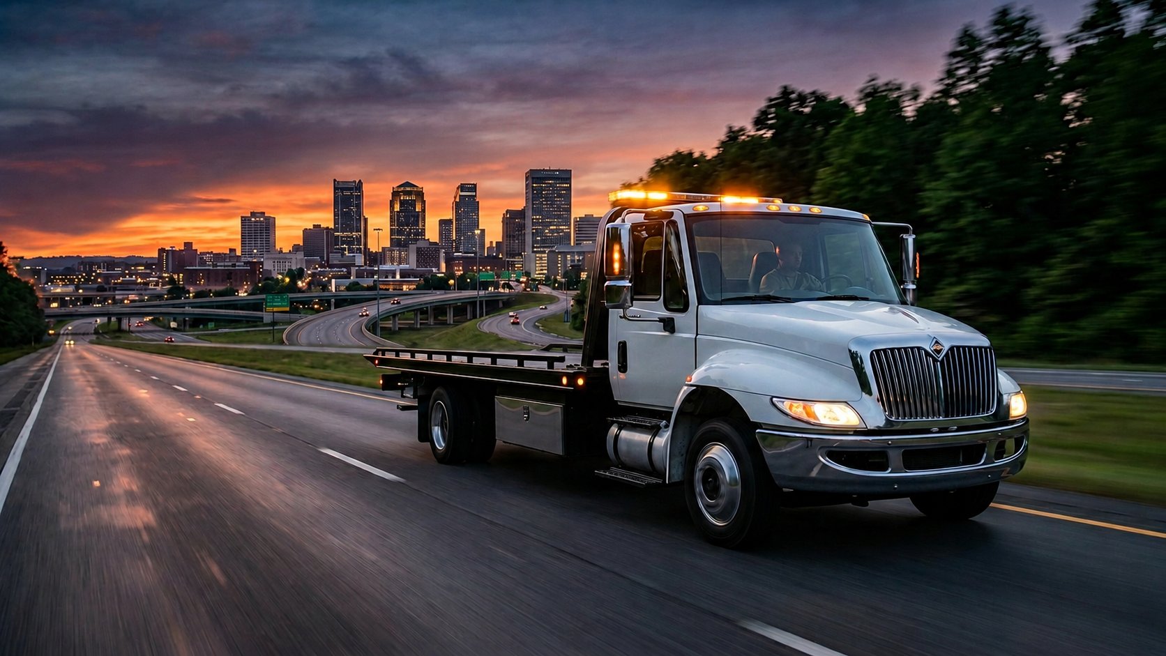 White flatbed tow truck on Birmingham Alabama highway at sunset