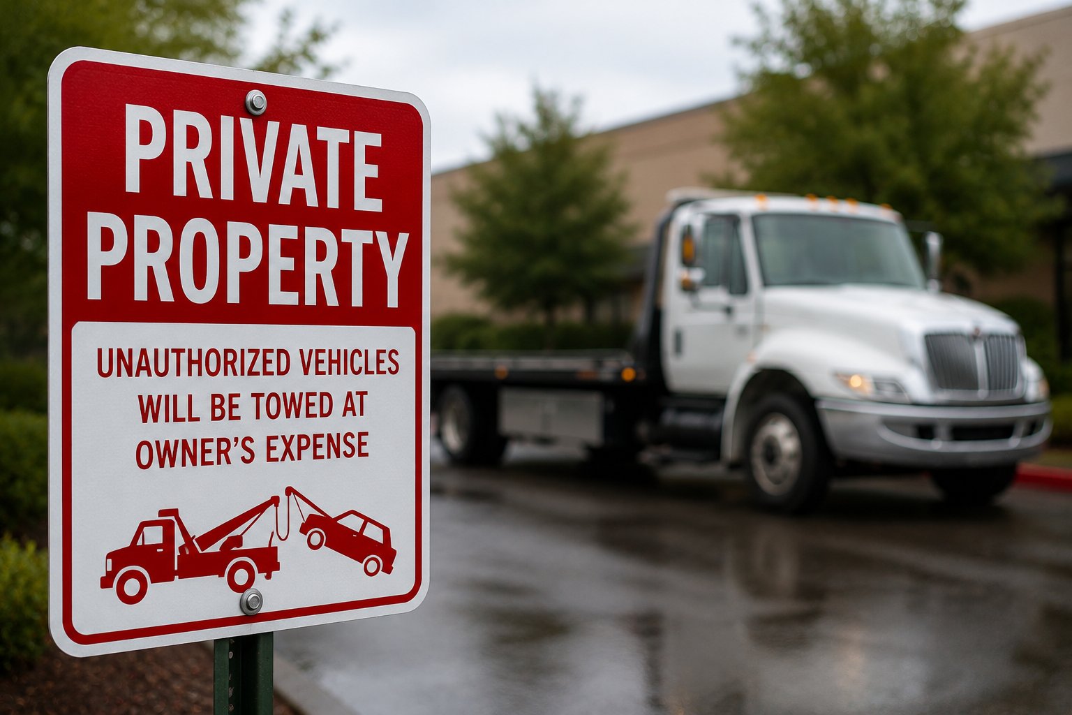 Private property towing sign with Honeycutt Towing flatbed in background