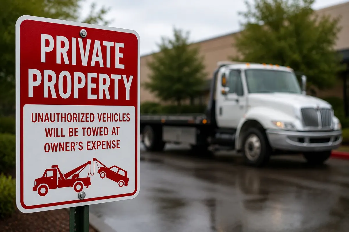 Private property towing sign with Honeycutt Towing flatbed in background