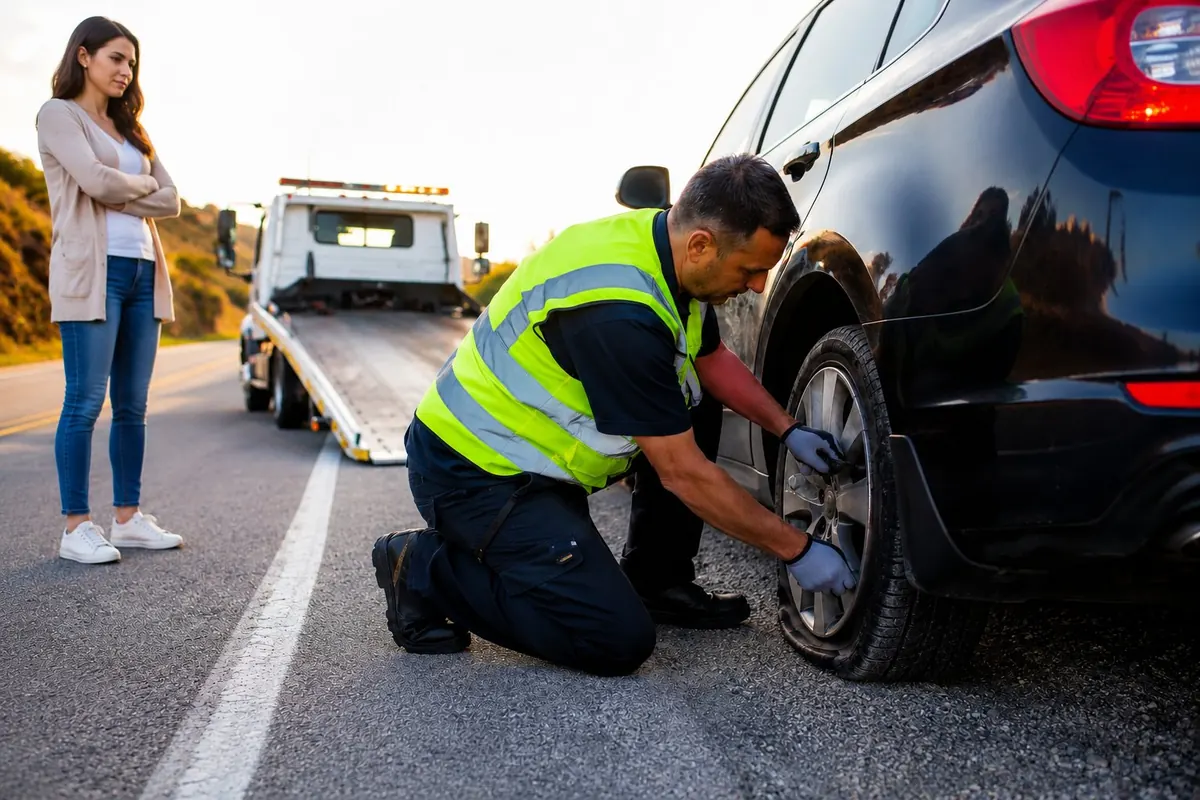 Honeycutt Towing technician changing a flat tire on a Birmingham roadside while customer watches