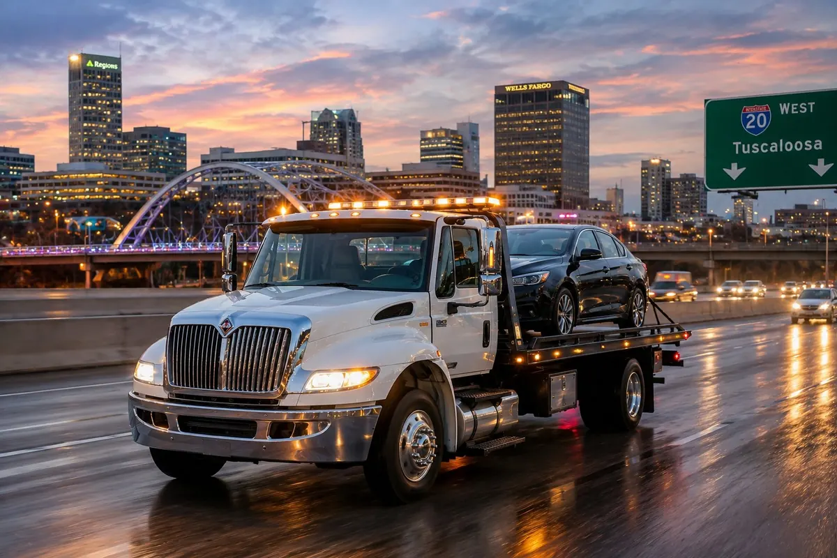 Honeycutt Towing flatbed on I-20 with Birmingham Alabama skyline in the background