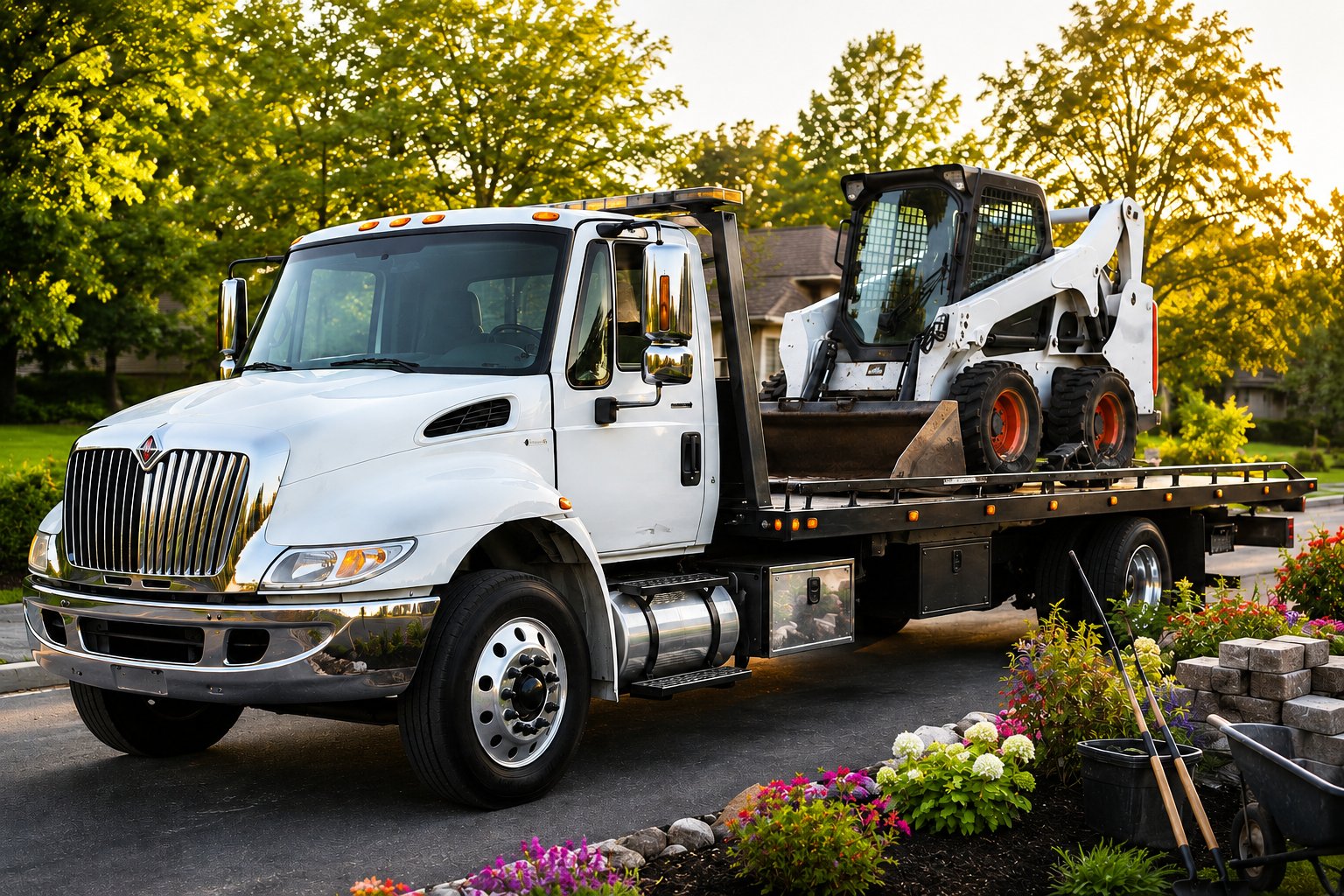 White 2017 International 4300 flatbed hauling a Bobcat skid steer at a Birmingham construction site
