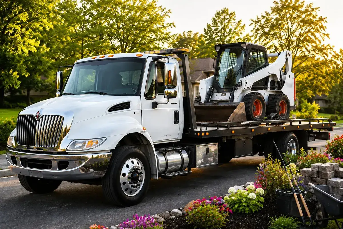 White 2017 International 4300 flatbed hauling a Bobcat skid steer at a Birmingham construction site