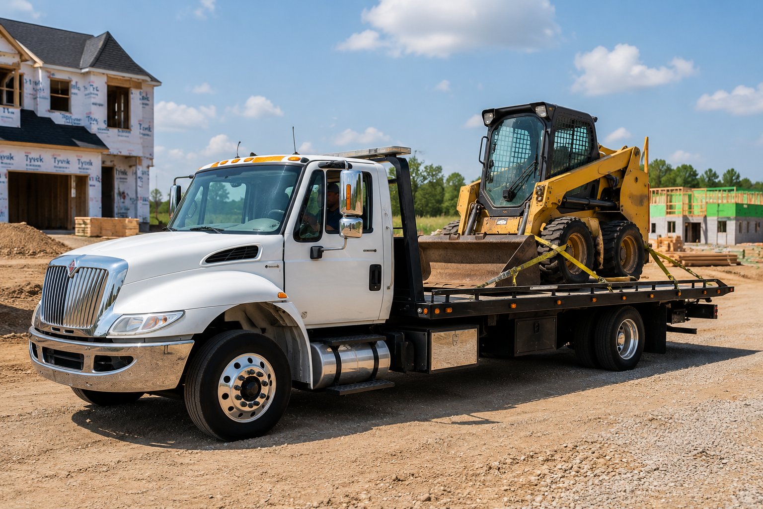 Honeycutt Towing flatbed hauling a yellow Bobcat skid steer at a Birmingham construction site