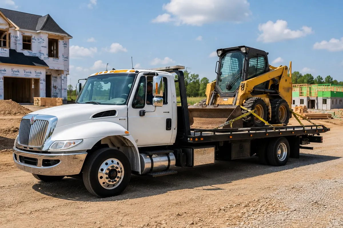 Honeycutt Towing flatbed hauling a yellow Bobcat skid steer at a Birmingham construction site